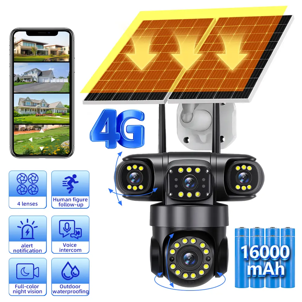 4G Solar Security Camera, 4‑Lens 4‑Screen Simultaneous View, Dual Solar Panels, 16000mAh Large Built‑in Battery, PTZ Rotatable, AI Human Auto‑Tracking, Four‑Mode Night Vision, Two‑Way Audio, PIR Motion Alert, IP66 Waterproof