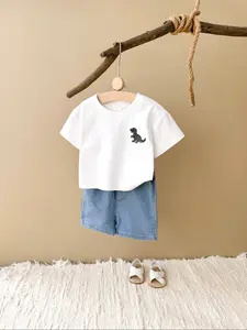 Summer Baby Clothing Dinosaur Embroidered T-Shirt + Sporty Denim Shorts, Comfortable Set for Infants, Casual Style