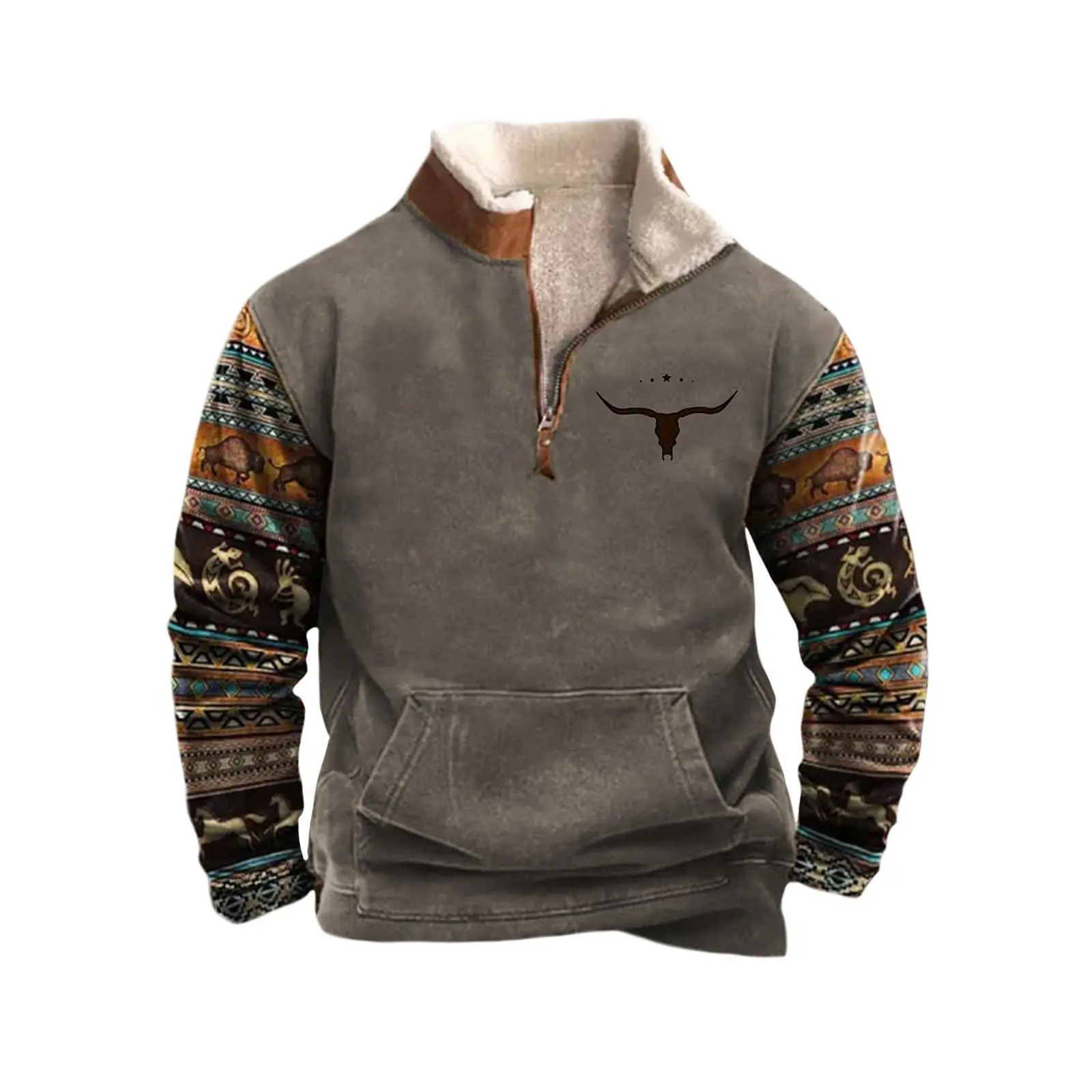 Aztec Cowboy Mens Hoodie Vintage Graphic Western Hoodies Casual Long Sleeve 1/4 Zip Pullover Mens Country Jacket