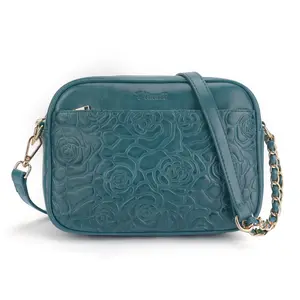 APHISON Women's Crossbody Bag with Adjustable Guitar Strap & Credit Card Slots - Rose Embossed Synthetic Leather Hobo Purse Zipper Closure Blue Black Makeup Pouch for Travel Everyday Use