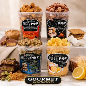 Gourmet Favorites Bundle - 4 Pack of Puffy Pop Popcorn Puffs - Peanut Butter Cup, S’Mores, Dubai Chocolate, & Iced Lemon Loaf - No Kernels & No Hulls - Easy to Eat Snack