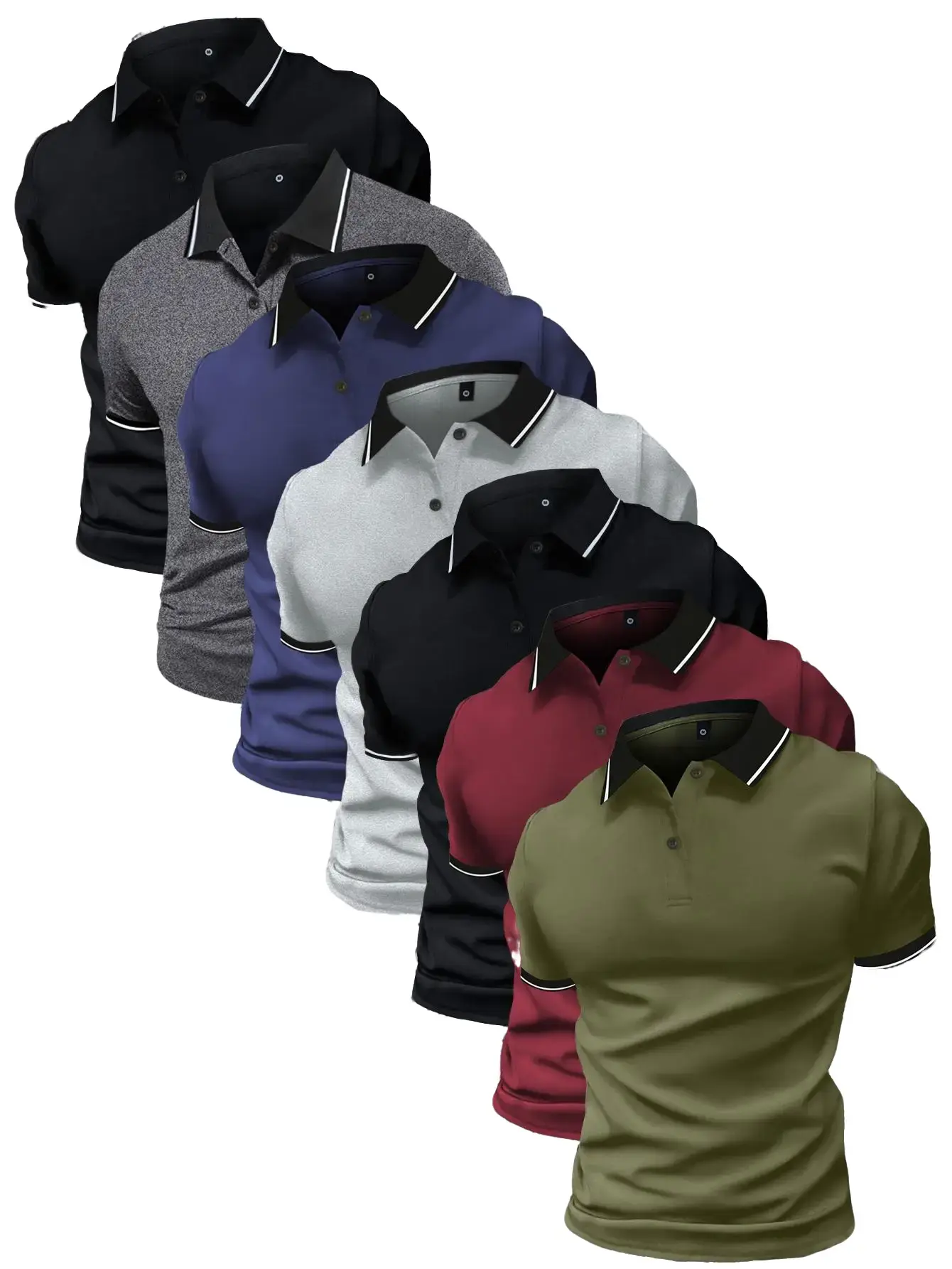 Men's 7-Piece Premium Button Up Polo Shirt Set - Button Collar, Slightly Stretchable Knit Fabric, Short Sleeve, Sporty Chic, Dalesan Earth Yellow & Beige Mixed, Plain, Summer Workwear, Activewear, Sportswear, Athletic Everyday Tops