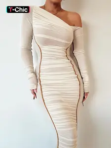 Women's Striped Ruched Asymmetrical Neck Bodycon Stretch Dress, Elegant Long Sleeve Dress for Parties, Clubs and Dates, Women's Clothing for Spring & Fall, Womenswear