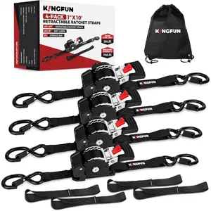 Kingfun Retractable Ratchet Straps (4-Pack) - 1 Inch x 10 Feet Auto Self Retracting Tie Down Straps - 1,760lb Break Strength Heavy Duty Cargo Straps for Motorcycle, ATV, UTV, Trailer & More - Black