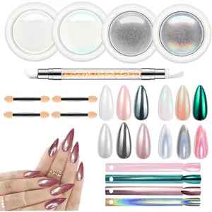 Chrome Powder for Nails 4 pcs, Magic White Pearl Chrome Nail Powder Kit Mirror Effect Chrome Powder Holographic Nail Powder Pigment Glitter Nail Powder Nailr Art Decoration