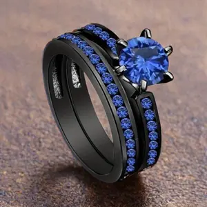 2-Piece Black Golden Plated Couple Rings Round Zirconia Wedding Engagement Promise Eternity Ring Romantic Gift for Lovers
