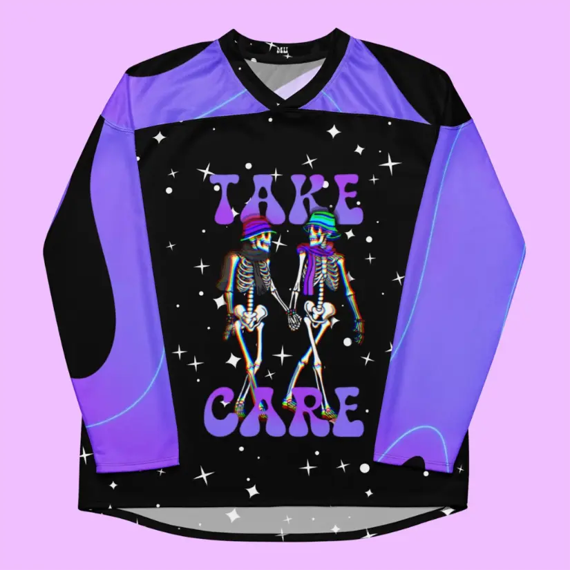 Take Care PLUR Rave Hockey Jersey | Purple Black Skeleton Festival Top | Spiritual Fest Fit