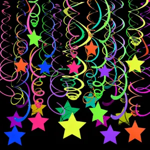 56 Pieces Rainbow Hanging Swirl Decorations Neon Swirl Streamers UV Neon Garland Ceiling Decor Glow in The Dark Black Light Party Kit for Birthday Wedding