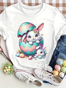 Plus Size - Plus Size - Plus Size, Women'S Plus Size Easter Bunny & Floral Print Egg Pattern T-Shirt - Light Purple Short Sleeve Round Neck Casual Top with Pastel Spring Colors, Cute Rabbit & Floral Design, Machine Washable Spring Summer Holiday Outfit fo