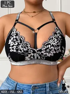 Plus Size Wireless Casual Lace Bralette for Women, Criss Cross Back Sparkly Glitter Deep V Bralette, Heart Ring No Pad Bralette for Daily Party Wear 1XL-4XL