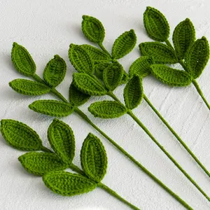 Hand-woven woolen wide-leaf eucalyptus artificial bouquet finished product, olive leaf knitted floral arrangement for home plant decoration