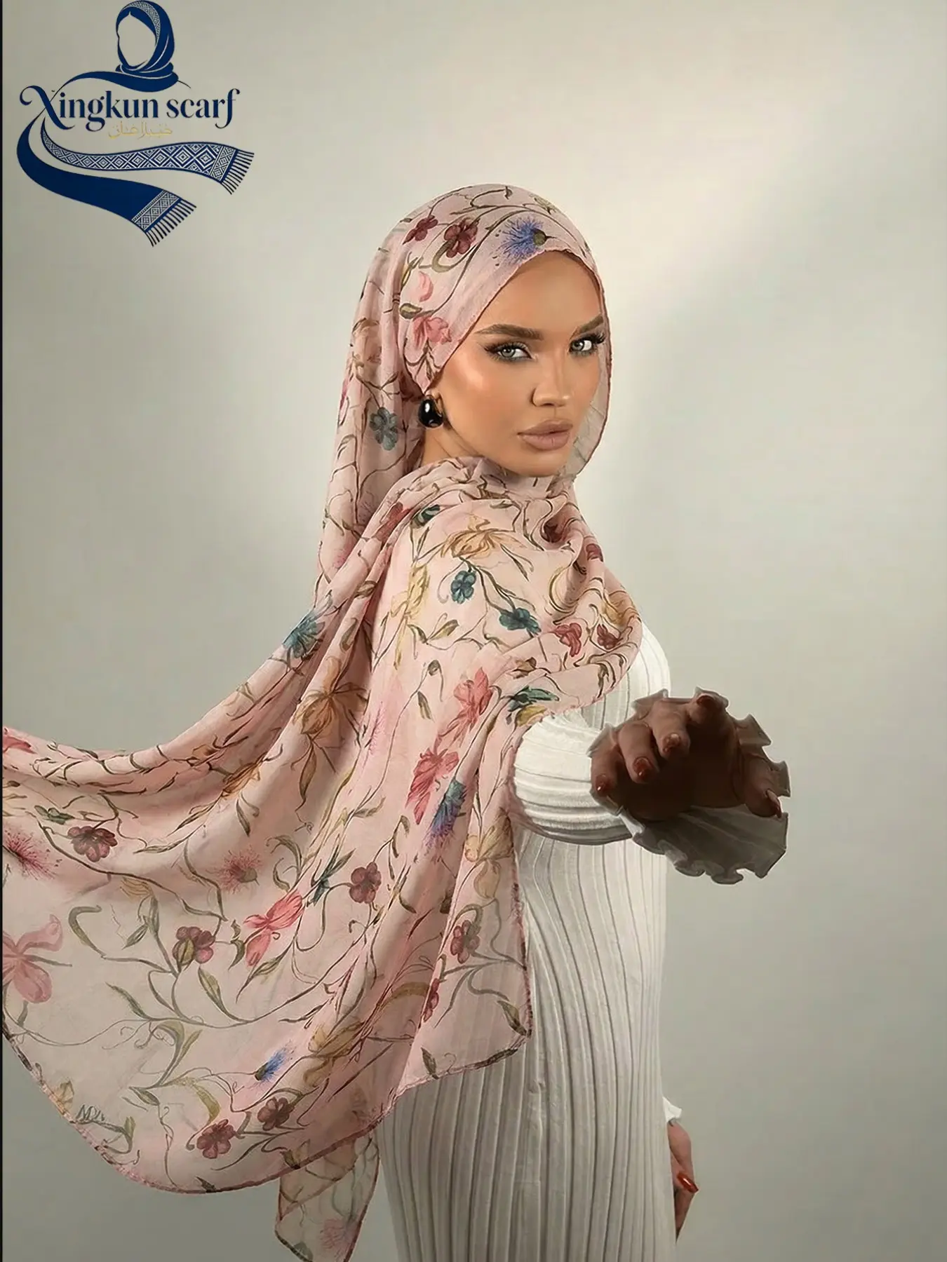 Women's Elegant Floral Hijab Head Scarf, Breathable Fabric Summer Beach Long Shawl, Geometric Pattern Casual Daily Wear, Muslim Fashion Accessory