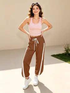 Women Y2K Barrel Striped Track Pants, Elastic High Waist Baggy Wide Leg Casual Workout Joggers, Trendy Loose Fit Athletic Pants With Side Pockets For Daily Vacation Outfits