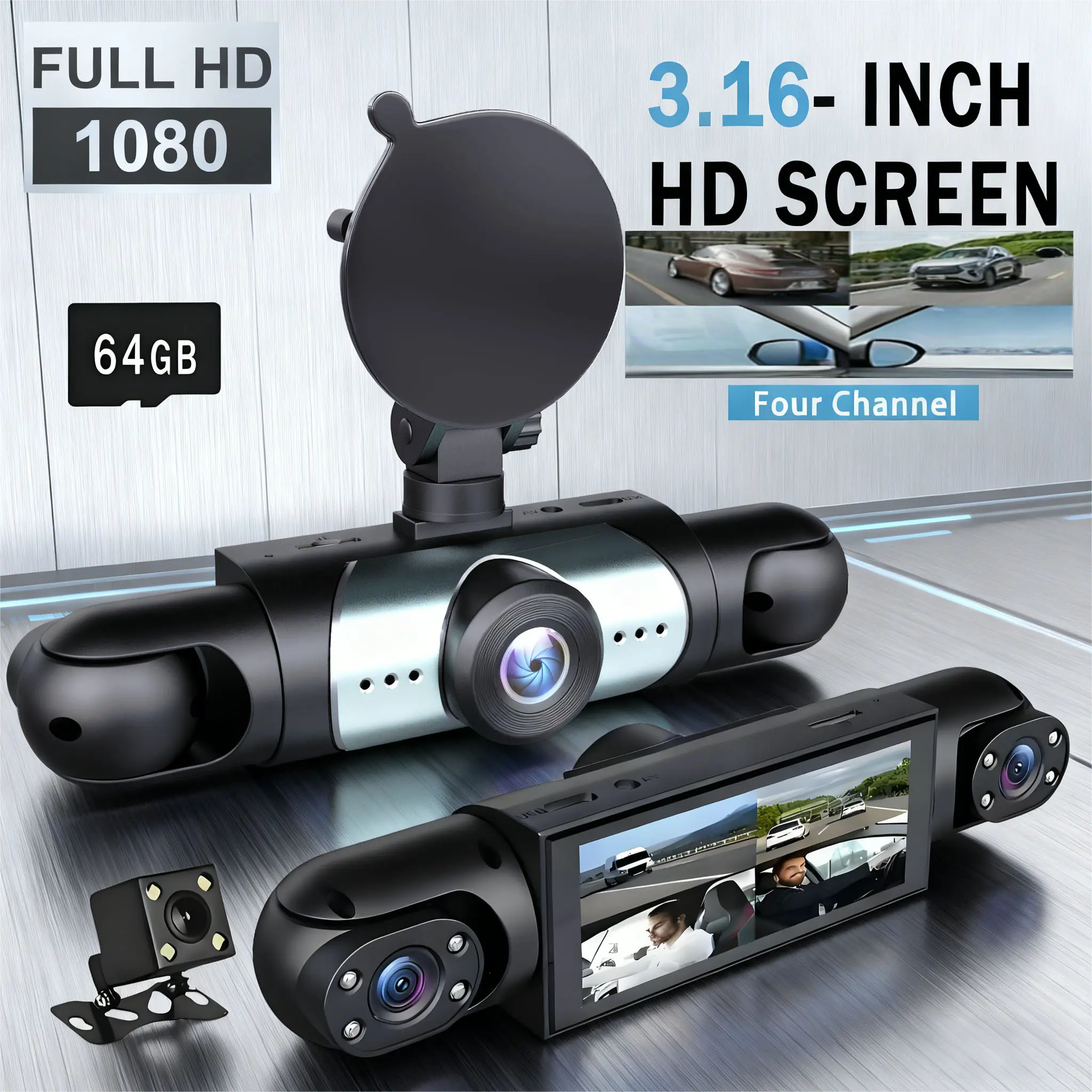 4-Channel Dashcam Set (jly-tx-08) with 3.16" Screen, Full HD 1080P Front Lens, 720P Side/Rear Lenses, Built-in WiFi for File Upload & Transfer, Included 64GB Memory Card for Driving Safety
