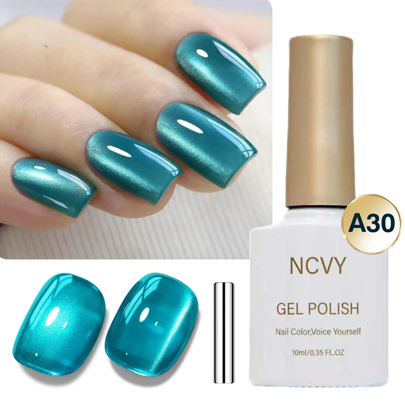 NCVY Jelly Teal  Cat Eye Magnetic Gel Nail Polish, Nail Art, Manicure, 10ml/0.35oz with magnetic tool, long-lasting formula with LED curing, salon quality, perfect for DIY at home, ideal gift for events and spring/summer, Gel Polishes