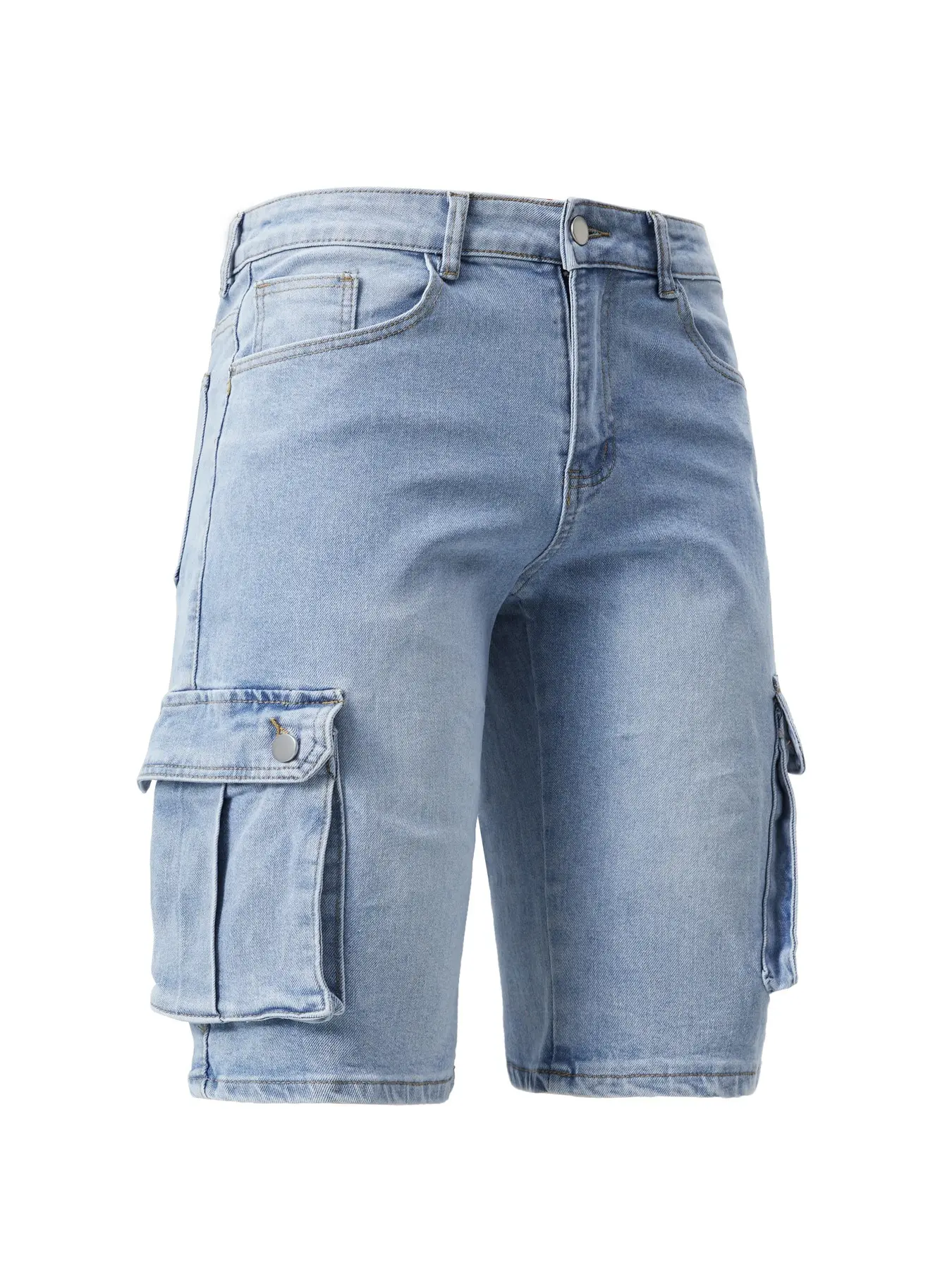 Summer Men's Loose Fit Denim Shorts, Streetwear Casual Elastic Waist, Multi-Pocket Design, Washed Blue Jeans, Versatile and Comfortable