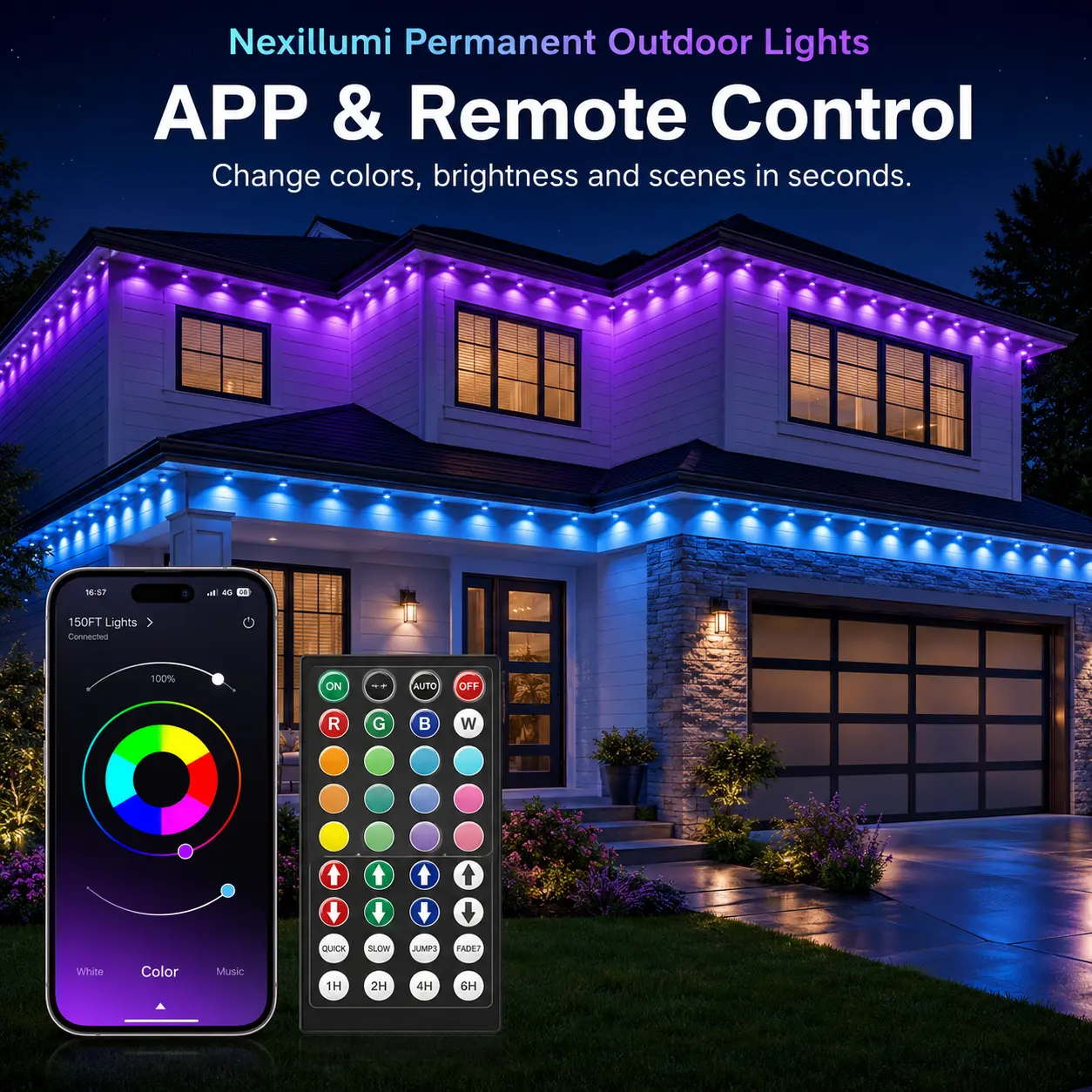 Permanent Outdoor RGB Lights, Smart Eave Lights with App & Remote Control, Waterproof Roofline LED Lights for Christmas, Halloween, Holiday Decor & Year-Round Home Lighting, Funky holiday lighting