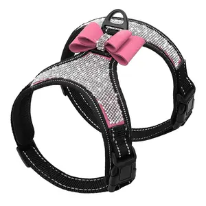 Rhinestone Decor Pet Harness with Bow, Adjustable Breathable Dog Vest Harness, Soft and Lightweight Cat Chest Sling, Pet Supplies, Dog Stuff
