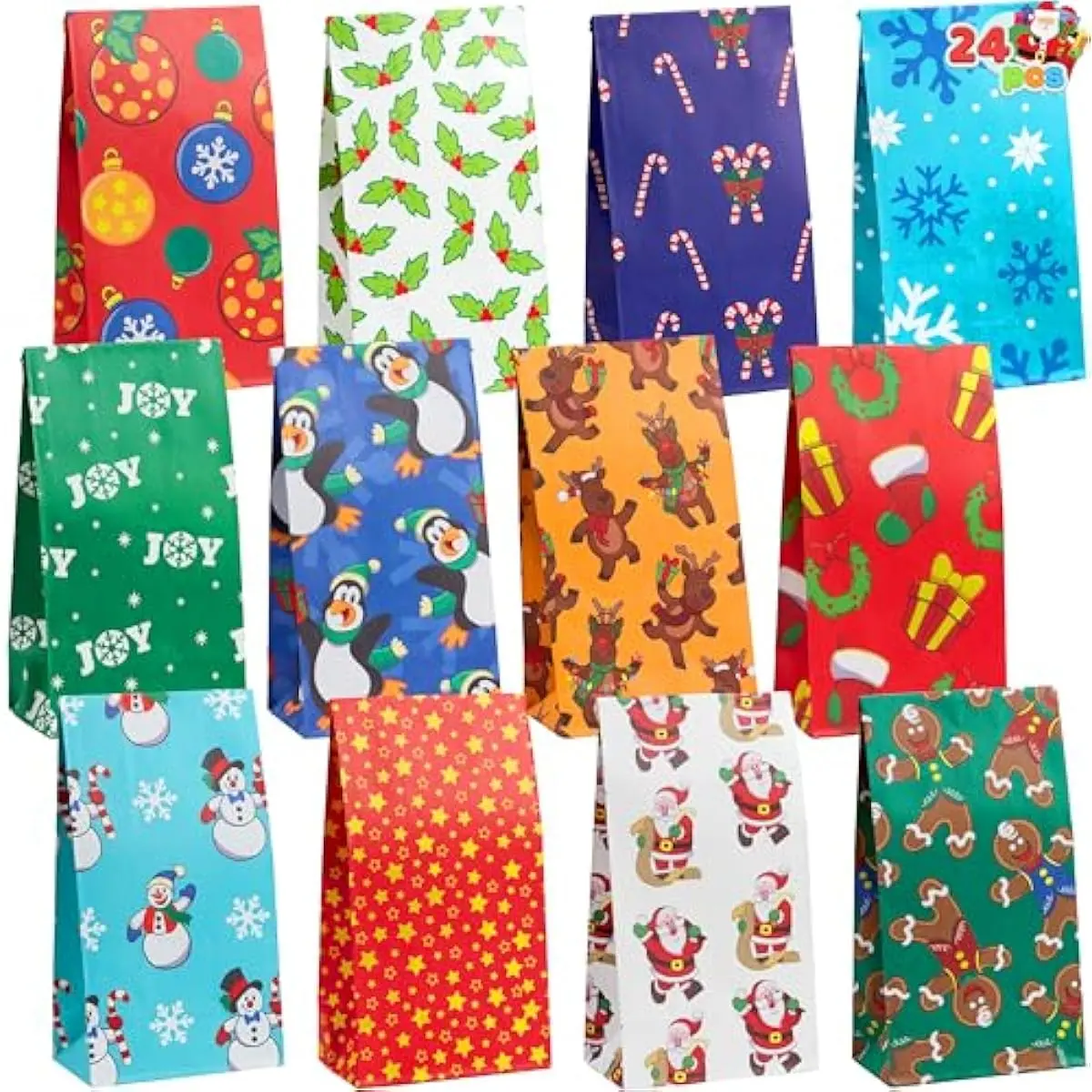 Joiedomi 24 PCS Christmas Holiday Goody Bags Xmas Party Treat White Kraft Paper Candy Bags for Classrooms Party Favors Holiday Christmas Supplies (9.75" x 3" x 5")