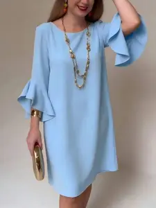 Women's Effortless Fashion: Loose Bell Sleeve Mini Dress, Casual Knitwear, Plain Surface, Crop Length, Suitable for All Body Types