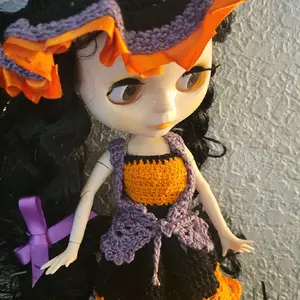 Blythe Doll with Crochet Halloween Outfit - Purple Bow, Black & Orange Design, Unique Halloween Costume