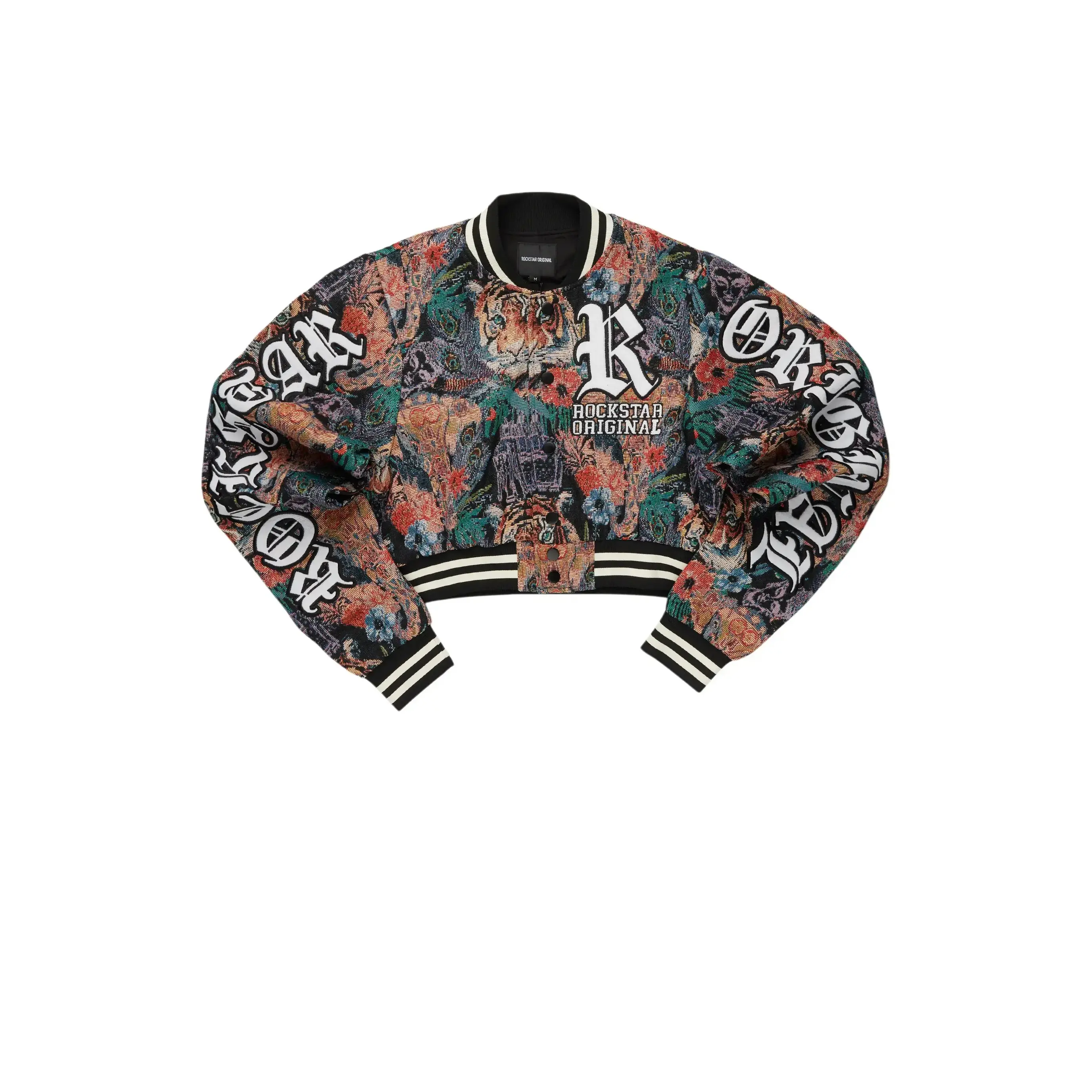 Rena Black Crop Tapestry Varsity Jacket Rena Black Crop Tapestry Varsity Jacket