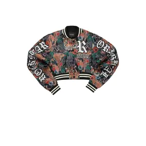 Rena Black Crop Tapestry Varsity Jacket