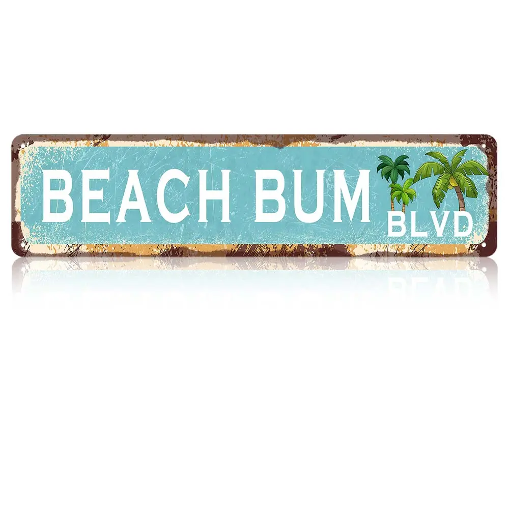 Bum Blvd Decorative Aluminum Beach Sign, Tropical-Themed Metal Wall Art, 4×16 in Rustic Plaque for Beach House Coastal Home Patio Use