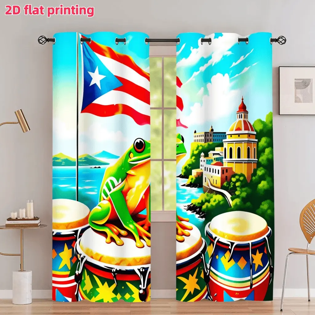 2D Flat 2Pcs Puerto Rico National Flag Coqui Frog Pattern Decorative Curtains, Polyester Curtain, Tropical Landscape Conga Drums Printed Drapes, Semi Sunshade Grommet Top Window Treatment for Home Decor, Anti Privacy