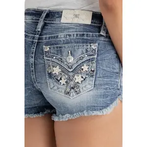 Miss Me Stars Align Mid-Rise Denim Shorts - 2000s Inspired Vintage Wash, Festival Essential with Cowgirl Aesthetic & Hot Girl Summer Vibe