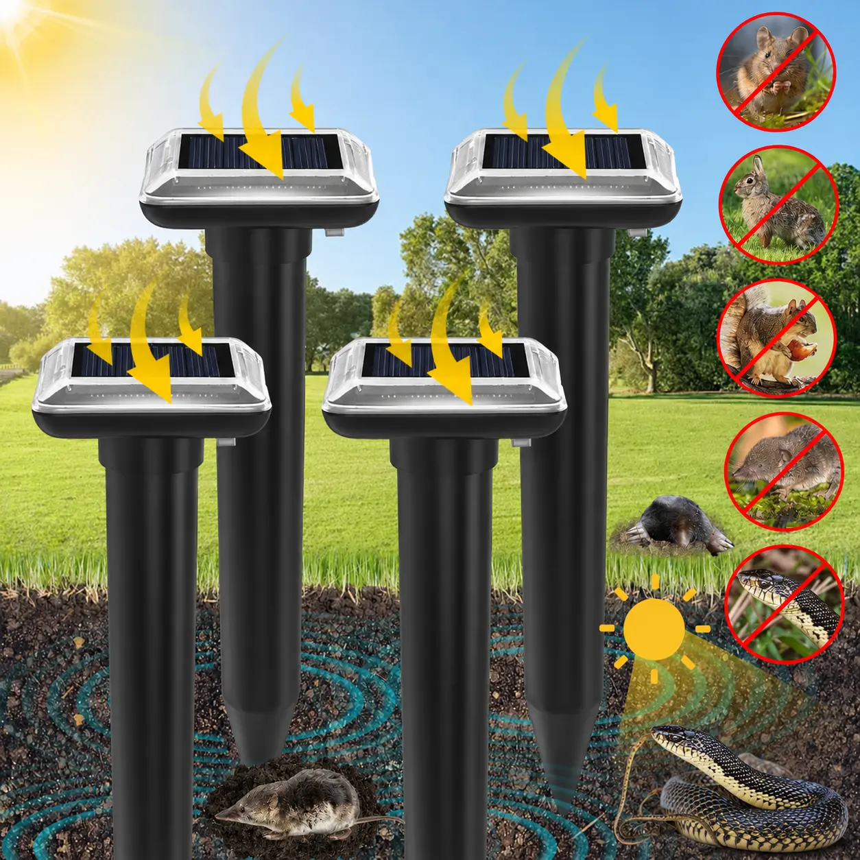 2026 Upgraded Solar Powered Ultrasonic Animal Repellent Device, IP65 Waterproof, Repels Pests Including Snake, Cat, Mole, Vole, Rat, Raccoon, Deer, Gopher, Rabbit for Lawns Garden
