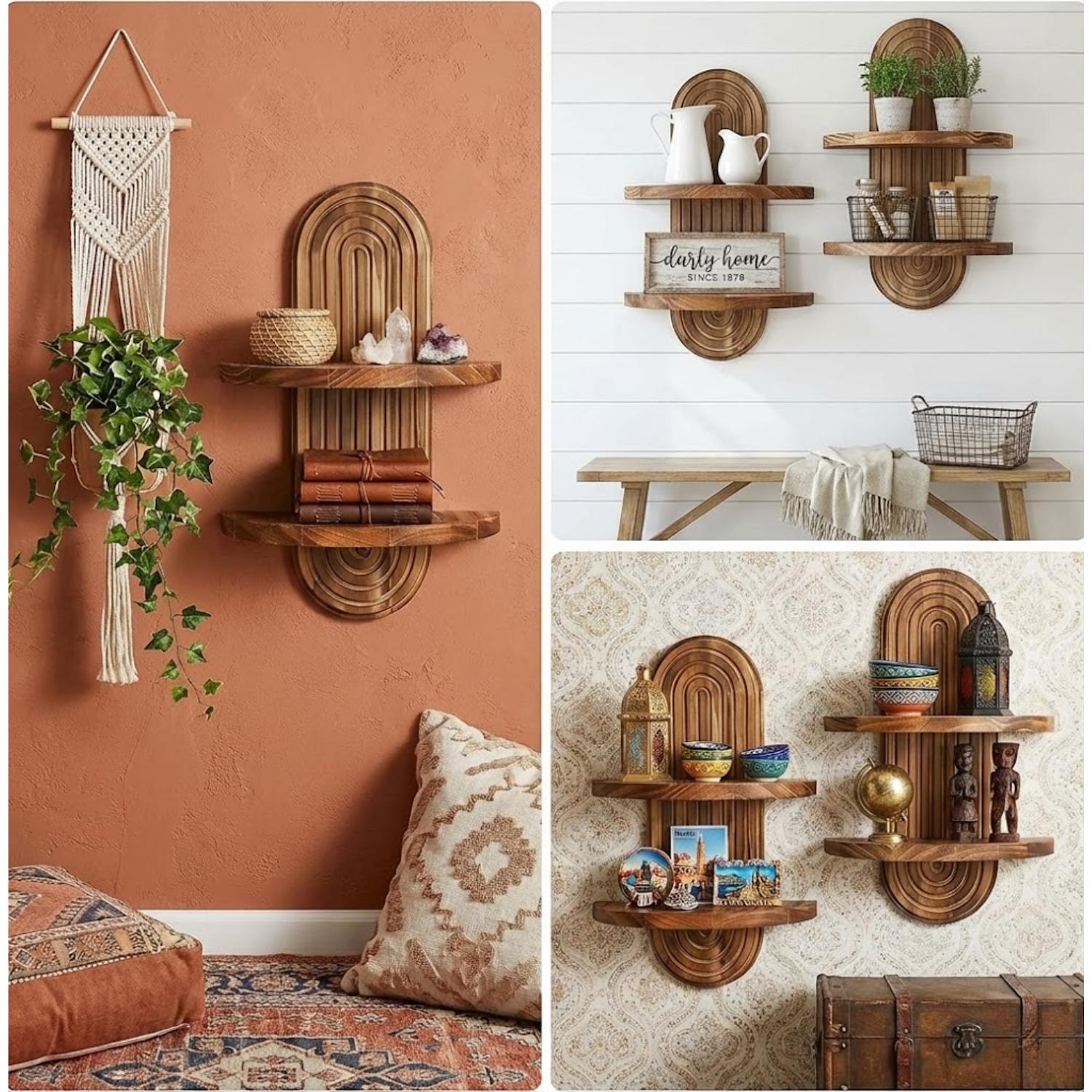 2-Tier Rustic Wood Floating Shelves for Wall, Hanging Plant Shelf Indoor, Wall Mounted Flower Pot Display Rack, Kitchen Storage & Living Room Decor, Window Sill Plant Stand, Bedroom & Entryway Organizer, Suitable for Outdoor Entrance Decoration