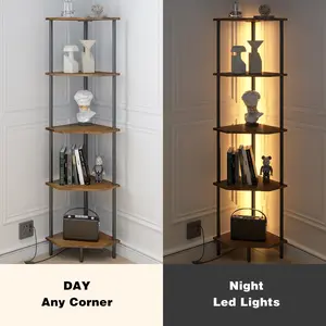 Decorative Corner Shelf with LED Light & Switch | Bookcase for Small Spaces, Display Shelf & Narrow Bookshelf with Plant Stand | Rustic Brown and Black Decor, Suitable for Bedroom,  Interior Living Room & Kitchen