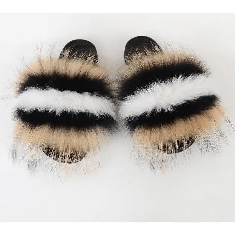 "FOXY" Brown Black White Horizontal Striped Fur Fluffy Flip Flops™️