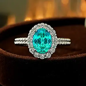 Green Oval Halo Ring for Women, Silver High Carbon Diamond Engagement Ring, Emerald Color Statement Ring, Elegant Fashion Jewelry, Wedding Party Gift Accessory
