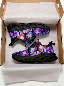 1 Pair Kids' Style Soft Elastic Thick Sole Magic Night Purple Sneakers, Breathable & Lightweight, Children's Day Gift, Versatile for Daily Wear, Cartoon Neon Girl Group Print, Cool Personalized Style Casual Shoes