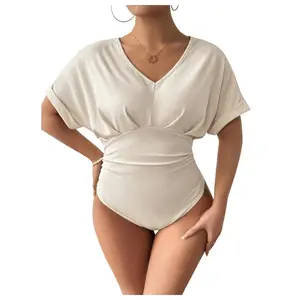 Women's Plus Size V Neck Tummy Control Bodysuit Short Sleeve Ruched Leopard Tops