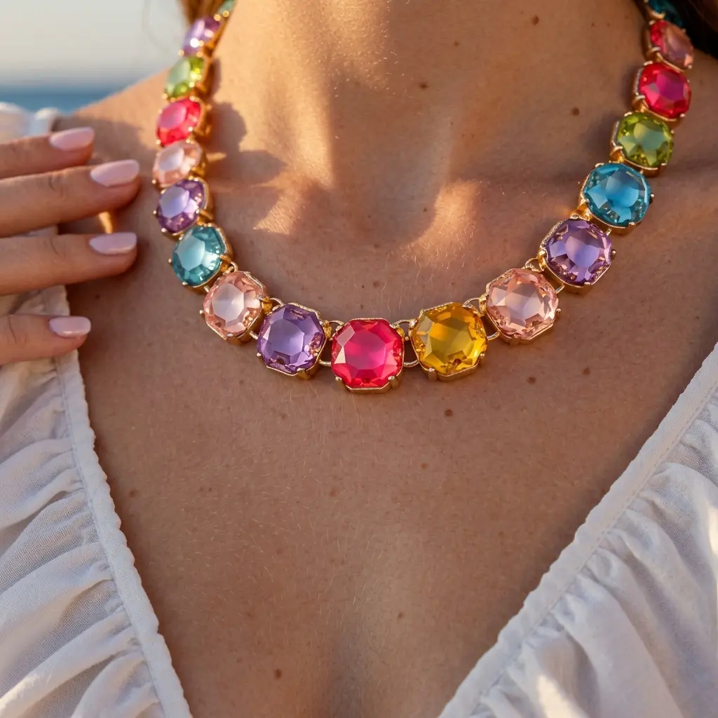 Bohemian Multicolored Rainbow Crystal Necklace |     Luxurious Thick Rhinestone Fashion Necklace |     Elegant Wedding Guest Jewelry |     Vibrant Summer Atmosphere Accessory