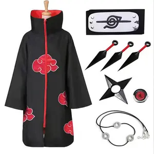 🔥   Akatsuki Cosplay Cloak 6Pcs Set Anime Uchiha Itachi Costume Halloween Party Outfit for Fans