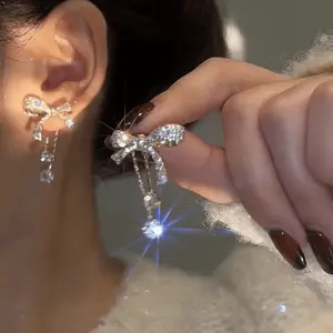 New silver needle earrings with diamond-studded bow, DDES0207 asymmetrical earrings, sweet and youthful style, 14K gold-plated