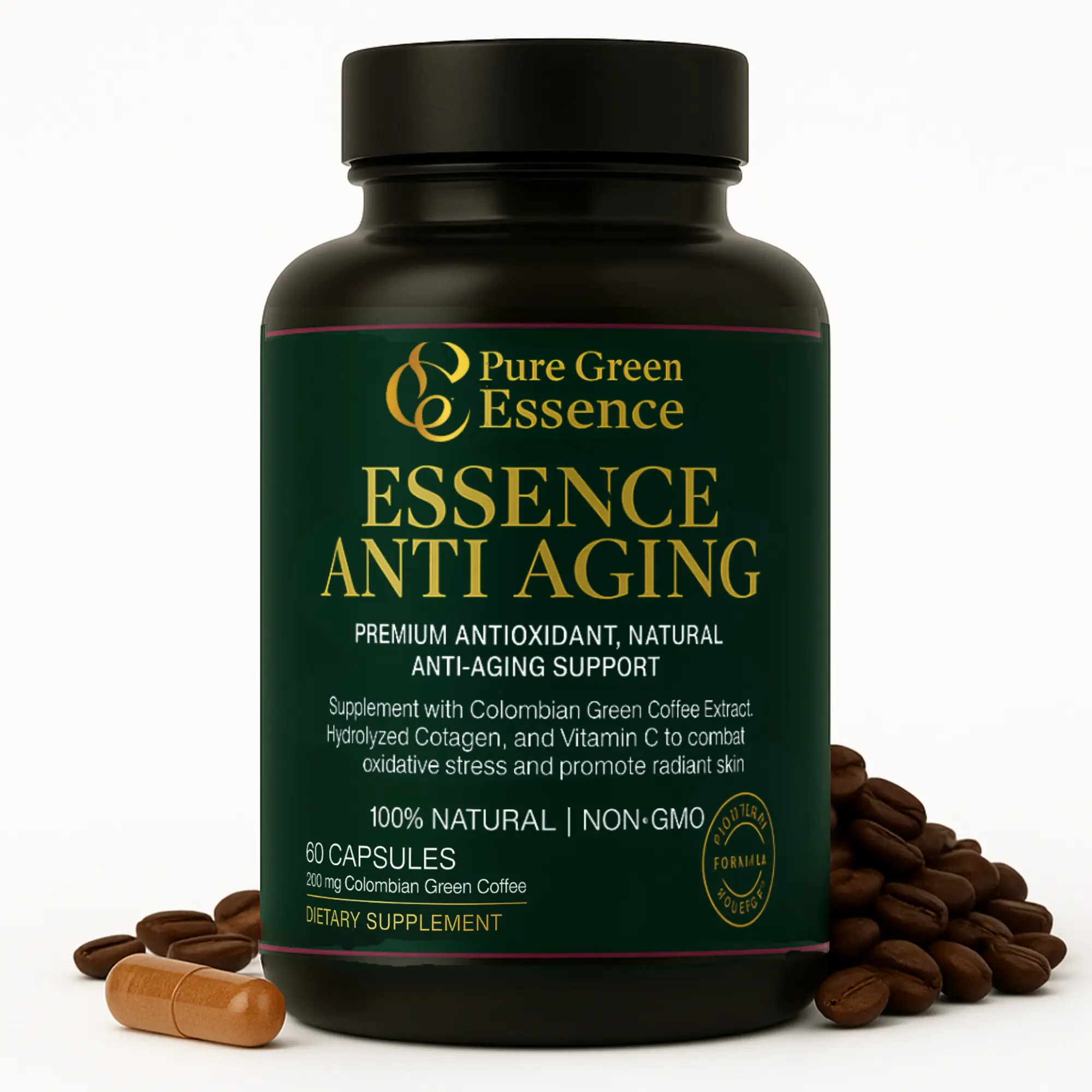Pure Green Essence  Formula with Colombian Green Coffee Extract Hydrolyzed Collagen & Vitamin C 60 Capsules Premium Antioxidant Support for Radiant Skin