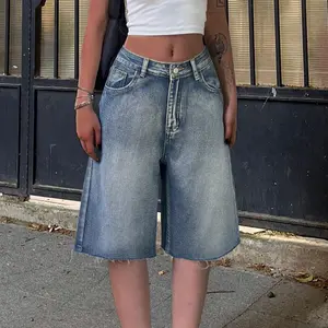 Y2K Vintage Slant Pocket Fringe Hem Wide Leg Bermuda Jeans Denim Jorts Casual Shorts