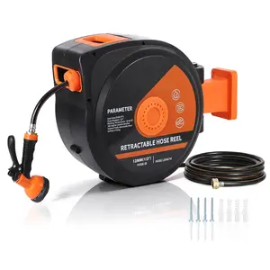 Retractable Garden Hose Reel, 1/2 In x 130 Ft with 10-Function Sprayer Nozzle, With 6.5ft Leader Hose, Any Length Lock, Automatic Rewind System, Wall-Mounted Hose Reel with 180-Degree Swivel Bracket