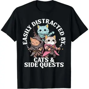 Easily Distracted By Cats And Side Quests T-Shirt Funny RPG Gamer Graphic Tee DND Lovers Gift Retro Fantasy Adventure Cat Apparel Unisex Soft Cotton Gaming Shirt Harajuku Streetwear Top BlackUnisex T-shirts M-5XL