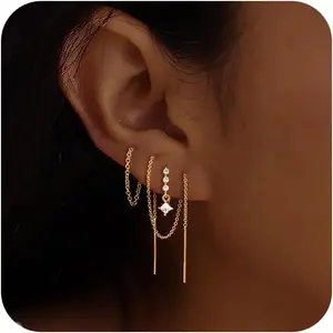 Dangle Earrings for Women Trendy, Dainty 14K Gold Plated Chain Earrings for Womens Simple Threader Earrings Non Tarnish Hypoallergenic Long Drop Earrings Jewelry Set for Women Gifts