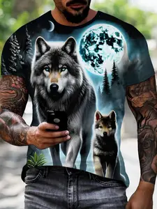 Men's Moon Night Wolf Clan 3D Printed T-Shirt, Trendy Short Sleeve Top, Casual Fitted Design, Perfect Daily Wear, Ideal Gift Choice