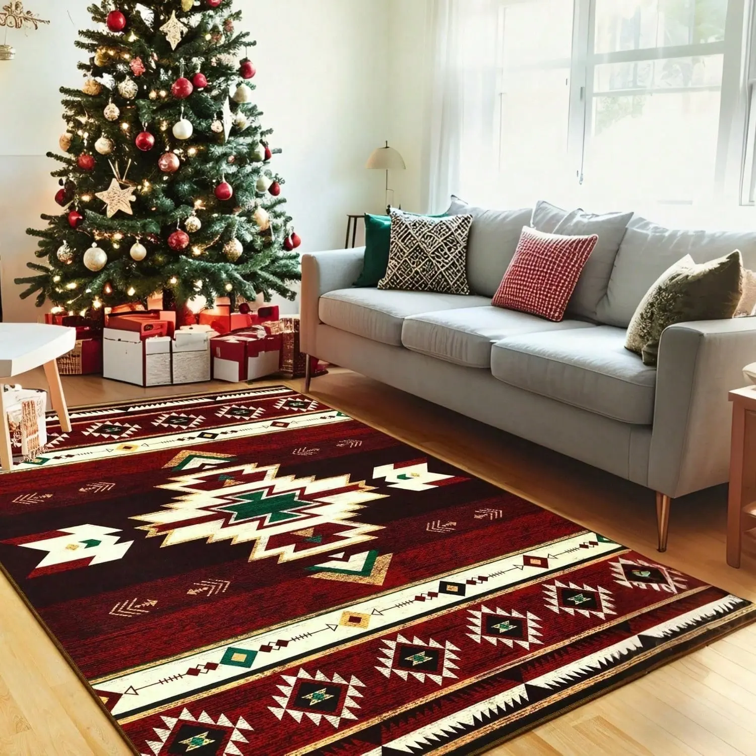 5x7ft Western Southwestern Rustic Rug, Red Cowhide Print Carpet | Washable Non-Slip Decor for Living Room Bedroom Dining Room Kitchen