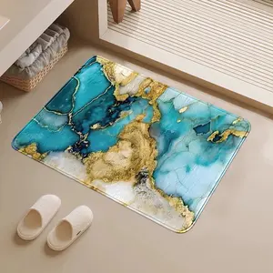 Gold Marble Print Rug, Peacock Blue Ink Texture, Non-Slip Bath Mat, Living Room Bedroom Doorway Carpet, Soft Comfortable, 0.8cm Thickness