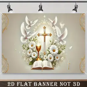 2D Flat Banner,1pc An elegant First Communion, a gold cross, white doves, polyester material, an open Bible, and floral decorations make for a great choice.