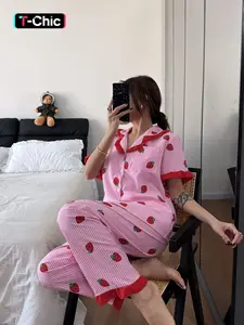 Valentine's Day Women's Sleepwear Pajama Set, Ruffle Short Sleeve Soft Button Up Top & Elastic Waist Long Pants, Casual Home Wear, Loungewear